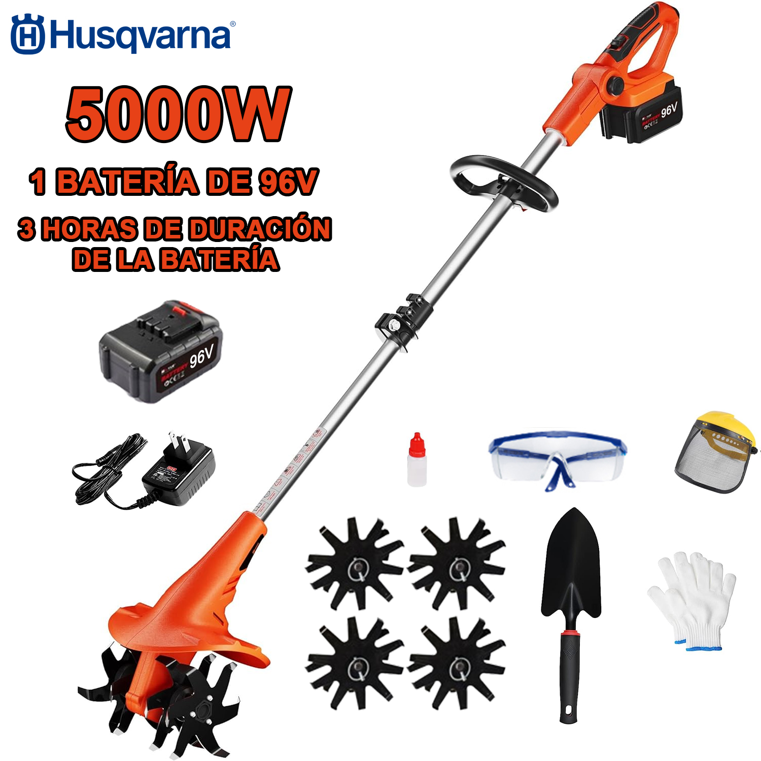 cultivador de potencia de 5000W+ 1 batería 96V + carga rápida + cuchillo de cultivo + set completo de accesorios