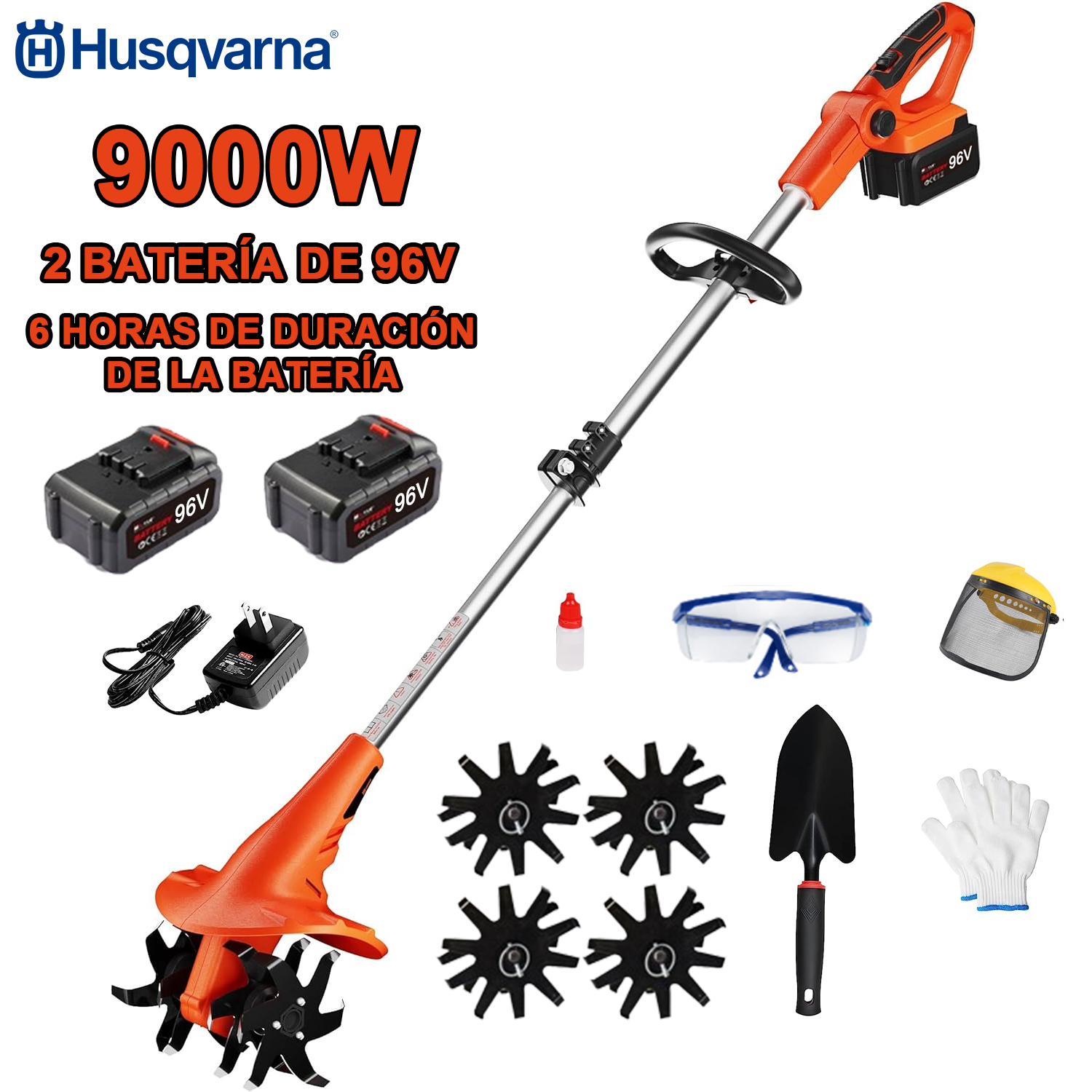 cultivador de potencia de 9000W + 2 baterías 96V + carga rápida + cuchillo de cultivo + set completo de accesorios