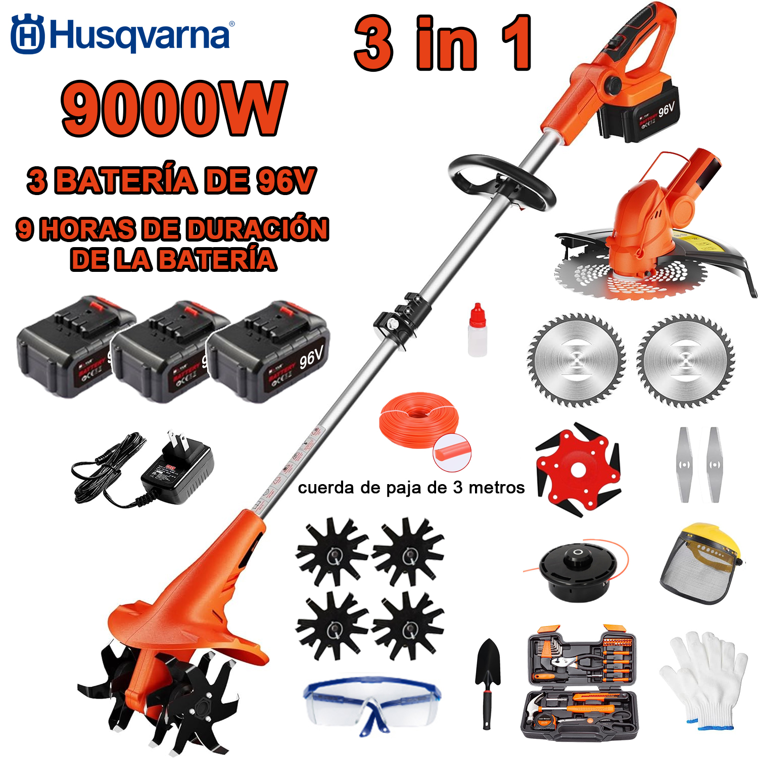 Cultivador 3 en 1 de potencia de 9000 W (corte de césped, corte de árboles, arado, etc.) 3 baterías de 96 V + carga rápida + cuchillo cultivador + cabezal de corte de césped + cuerda para cortar césped de 3 metros + hoja de sierra de aleación + 6 hojas + Hoja recta + juego completo de accesorios